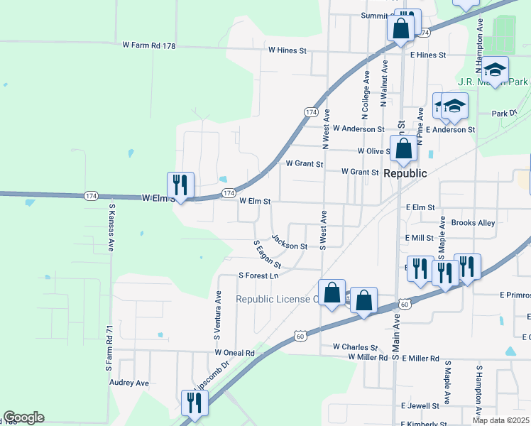 map of restaurants, bars, coffee shops, grocery stores, and more near 204 South Eagan Street in Republic