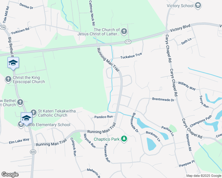 map of restaurants, bars, coffee shops, grocery stores, and more near 107 Wicomico Turn in Yorktown