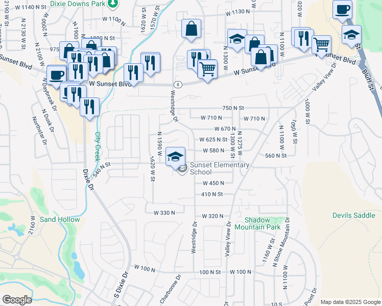map of restaurants, bars, coffee shops, grocery stores, and more near 585 Westridge Drive in St. George
