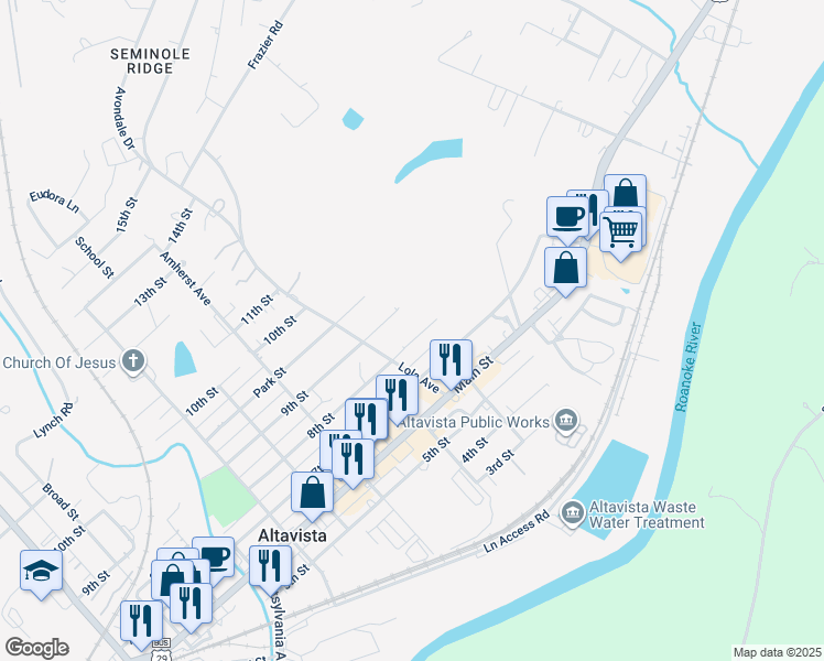 map of restaurants, bars, coffee shops, grocery stores, and more near 1110 8th Street in Altavista