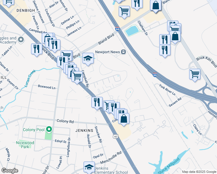map of restaurants, bars, coffee shops, grocery stores, and more near 601 Collinwood Place in Newport News