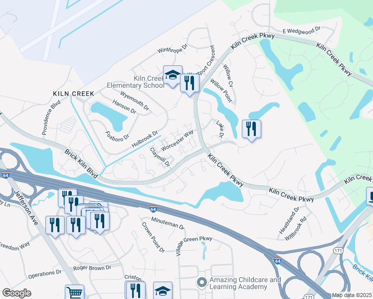 map of restaurants, bars, coffee shops, grocery stores, and more near 2236 Timberneck Lane in Newport News