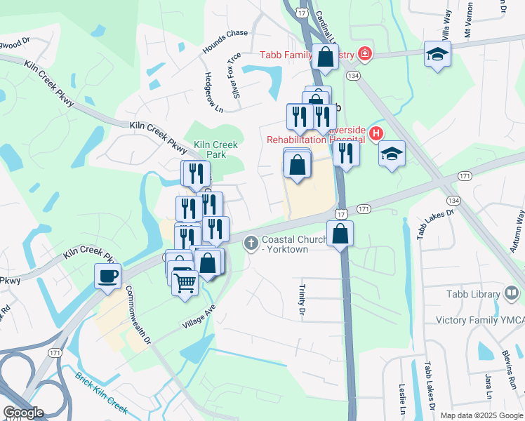 map of restaurants, bars, coffee shops, grocery stores, and more near 228 Rich Road in Yorktown