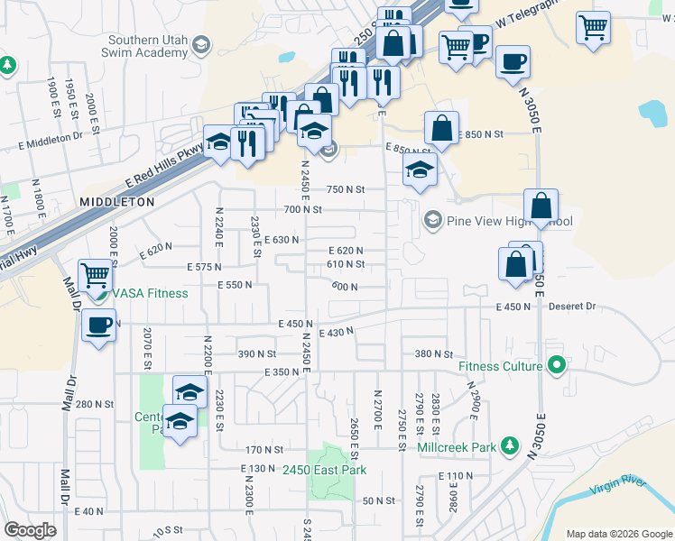 map of restaurants, bars, coffee shops, grocery stores, and more near 2550 East 610 North in St. George