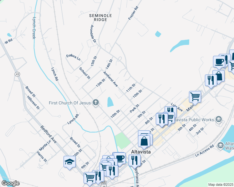 map of restaurants, bars, coffee shops, grocery stores, and more near 908 11th Street in Altavista