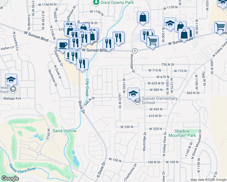 map of restaurants, bars, coffee shops, grocery stores, and more near 1732 540 North Street in St. George