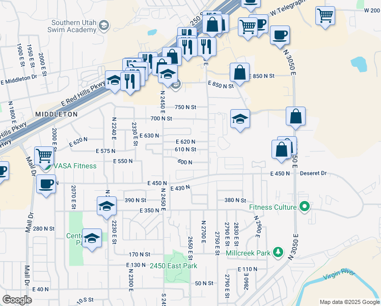 map of restaurants, bars, coffee shops, grocery stores, and more near 800 600 North in St. George