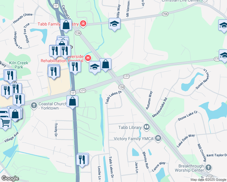 map of restaurants, bars, coffee shops, grocery stores, and more near 204 Tabb Lakes Drive in Yorktown