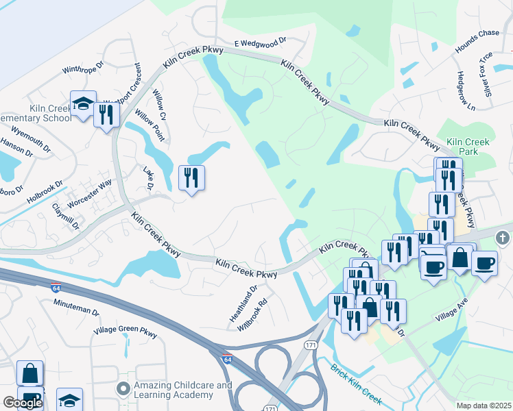 map of restaurants, bars, coffee shops, grocery stores, and more near 807 Vantage Court in Newport News