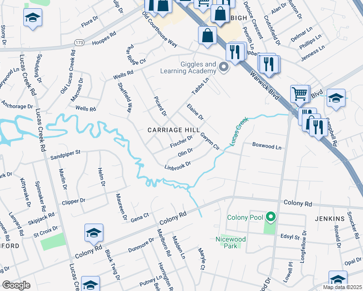 map of restaurants, bars, coffee shops, grocery stores, and more near 121 Olin Drive in Newport News