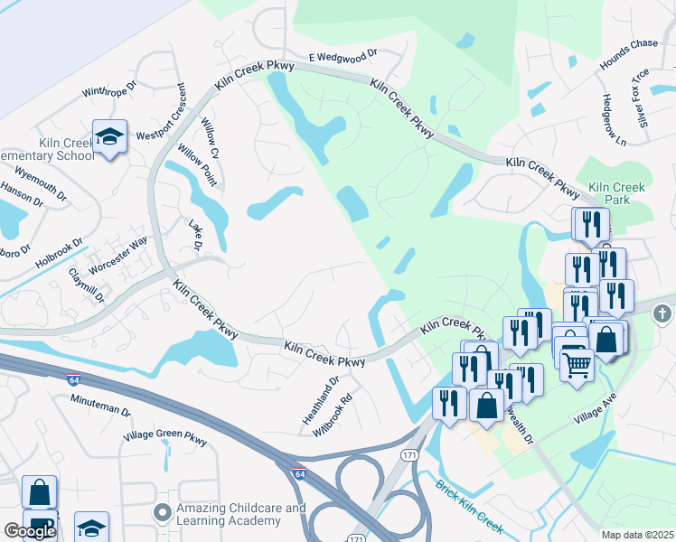 map of restaurants, bars, coffee shops, grocery stores, and more near 807 Vantage Court in Newport News