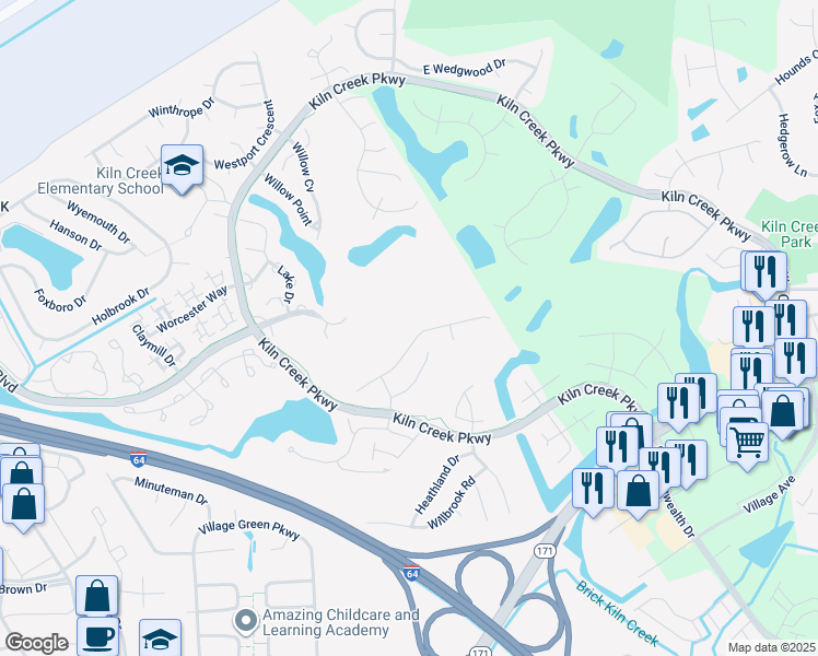 map of restaurants, bars, coffee shops, grocery stores, and more near 951 Drivers Ln in Newport News