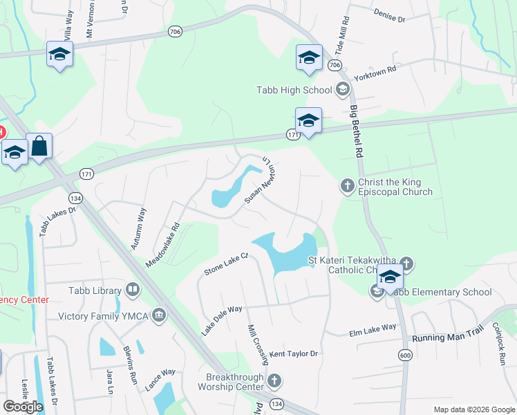 map of restaurants, bars, coffee shops, grocery stores, and more near 108 Wallace Court in Yorktown