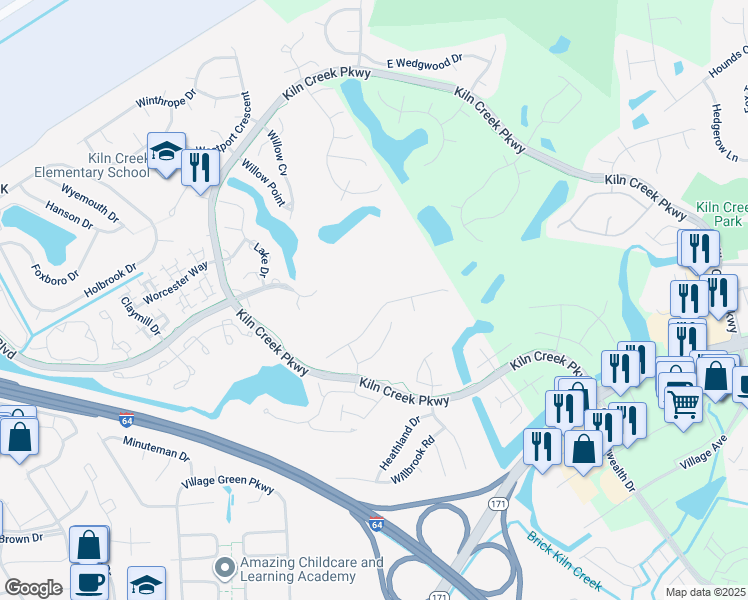 map of restaurants, bars, coffee shops, grocery stores, and more near 951 Drivers Ln in Newport News