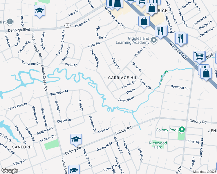 map of restaurants, bars, coffee shops, grocery stores, and more near 158 Linbrook Drive in Newport News