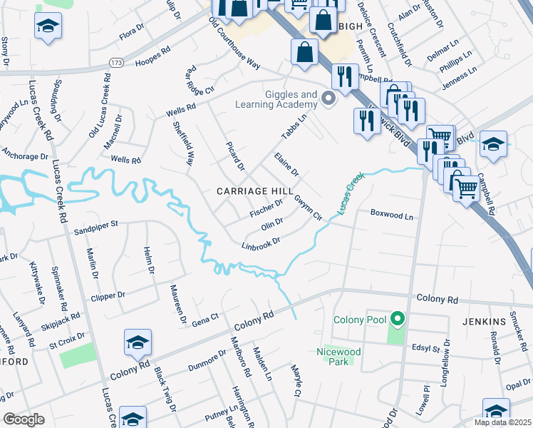 map of restaurants, bars, coffee shops, grocery stores, and more near 121 Olin Drive in Newport News