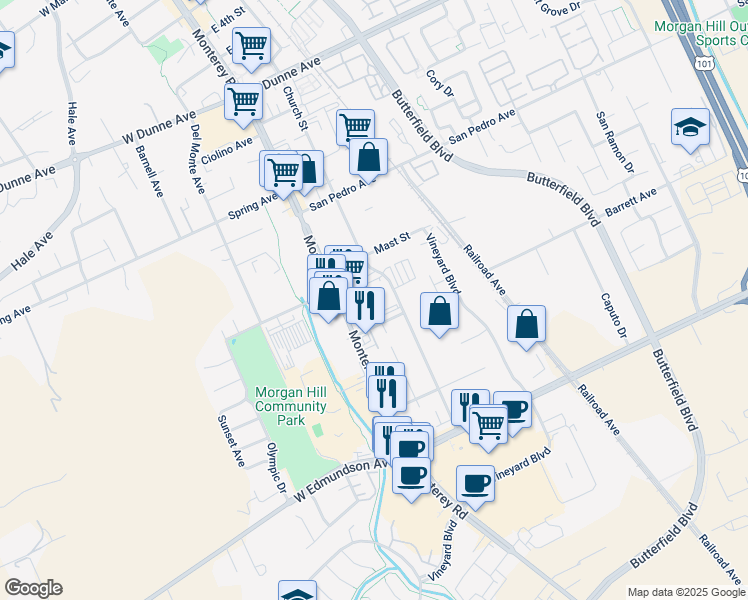map of restaurants, bars, coffee shops, grocery stores, and more near 141a Barrett Avenue in Morgan Hill