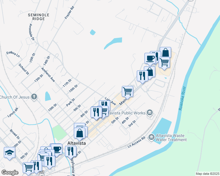map of restaurants, bars, coffee shops, grocery stores, and more near 1112 8th Street in Altavista