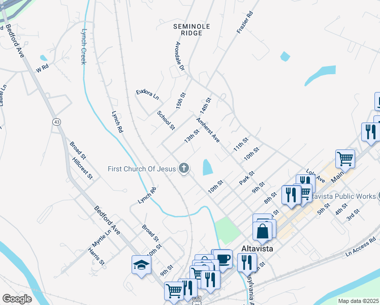 map of restaurants, bars, coffee shops, grocery stores, and more near 810 12th Street in Altavista
