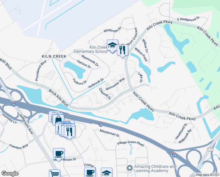 map of restaurants, bars, coffee shops, grocery stores, and more near 840 Worcester Way in Newport News