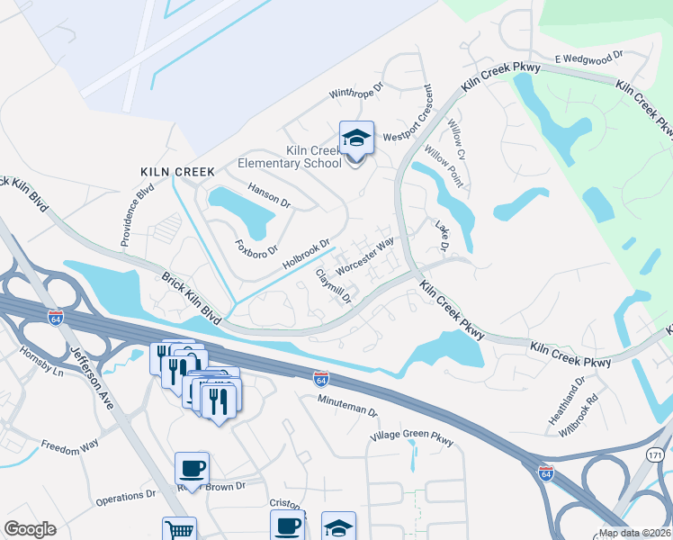 map of restaurants, bars, coffee shops, grocery stores, and more near 2283 Kings Creek Lane in Newport News