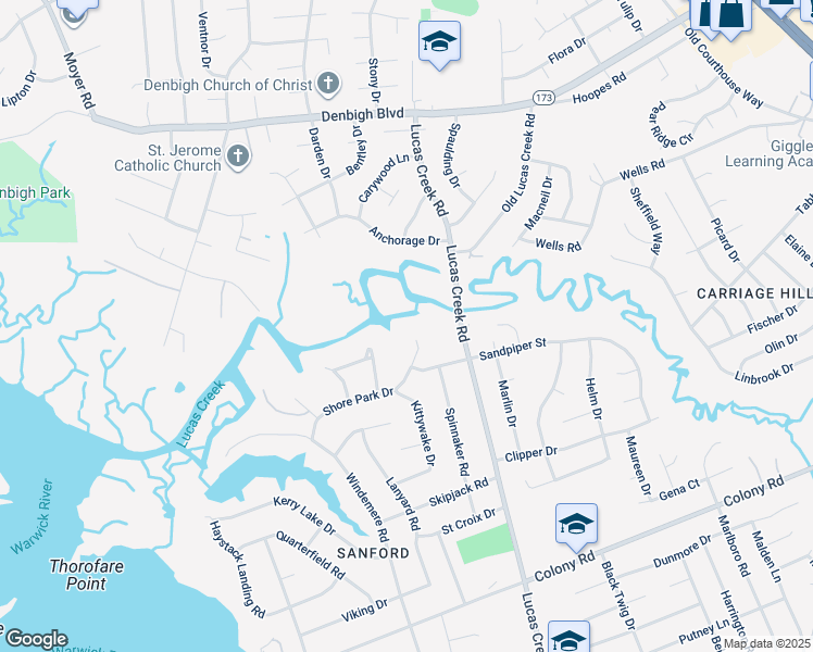 map of restaurants, bars, coffee shops, grocery stores, and more near 2 Shore Park Drive in Newport News