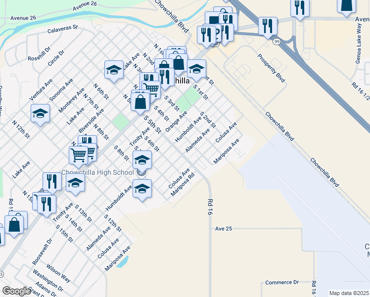 map of restaurants, bars, coffee shops, grocery stores, and more near 406 Humboldt Avenue in Chowchilla