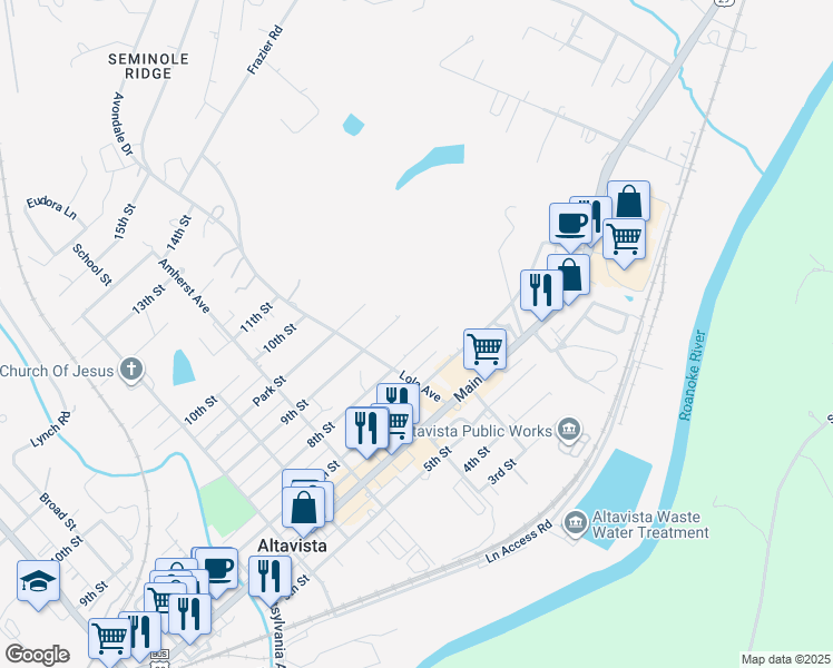 map of restaurants, bars, coffee shops, grocery stores, and more near 1112 8th Street in Altavista