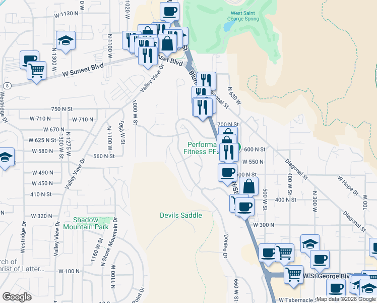map of restaurants, bars, coffee shops, grocery stores, and more near 798 Idlewood Lane in St. George