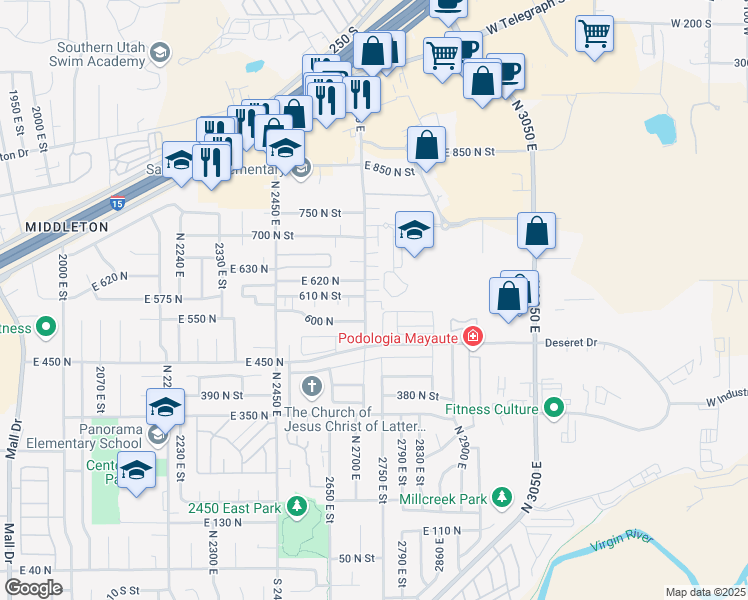 map of restaurants, bars, coffee shops, grocery stores, and more near 618 2720 East Street in St. George