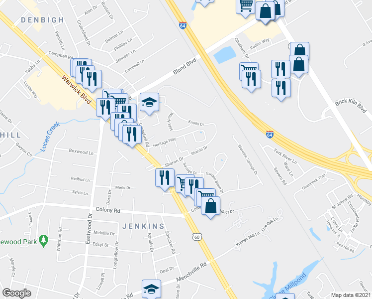 map of restaurants, bars, coffee shops, grocery stores, and more near 160 Heritage Way in Newport News