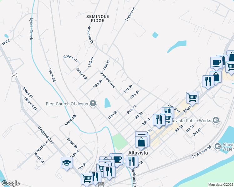 map of restaurants, bars, coffee shops, grocery stores, and more near 1208 Amherst Avenue in Altavista