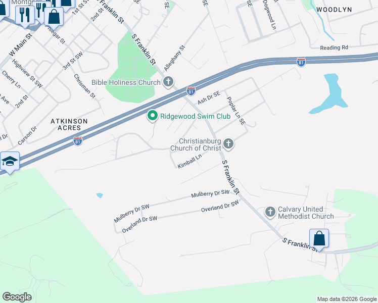 map of restaurants, bars, coffee shops, grocery stores, and more near 170 Summit Ridge Road in Christiansburg