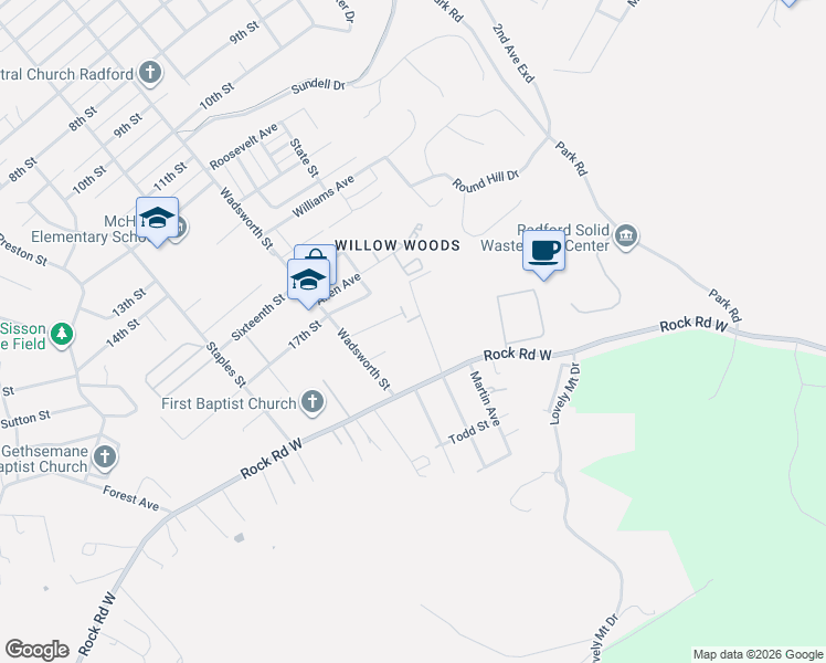 map of restaurants, bars, coffee shops, grocery stores, and more near 101 Heather Glen Drive in Radford