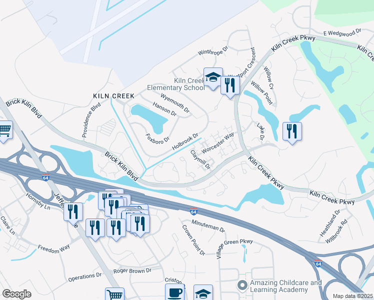 map of restaurants, bars, coffee shops, grocery stores, and more near 2279 Claymill Drive in Newport News
