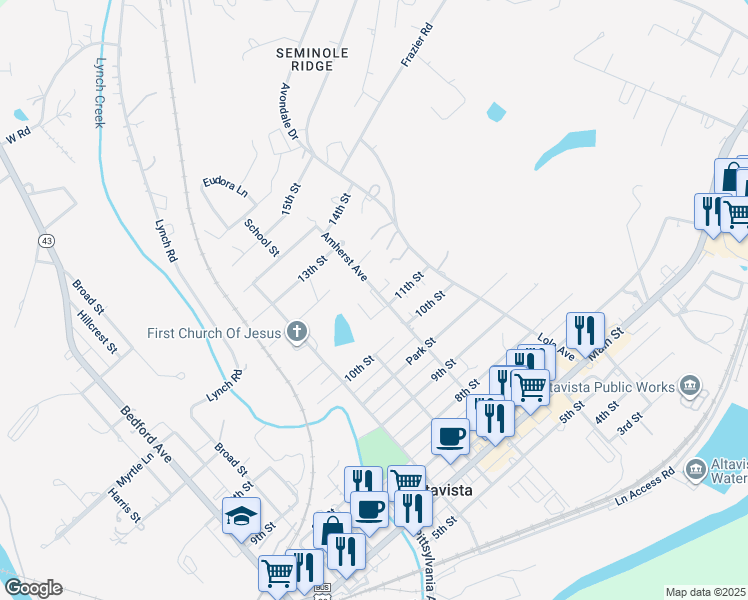 map of restaurants, bars, coffee shops, grocery stores, and more near 1208 Amherst Avenue in Altavista