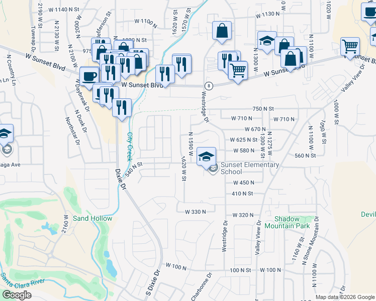 map of restaurants, bars, coffee shops, grocery stores, and more near 575 North 1590 West in St. George