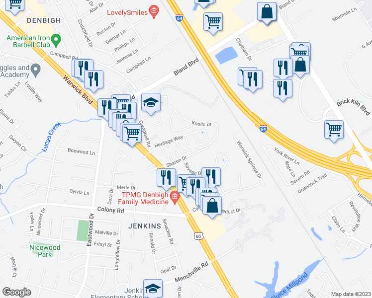 map of restaurants, bars, coffee shops, grocery stores, and more near 510 Collinwood Place in Newport News