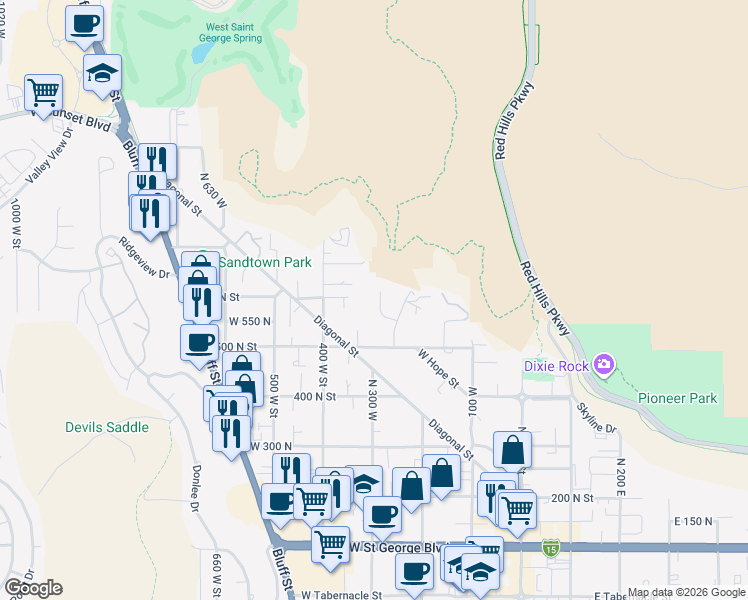 map of restaurants, bars, coffee shops, grocery stores, and more near 339 Sandstone Circle in St. George