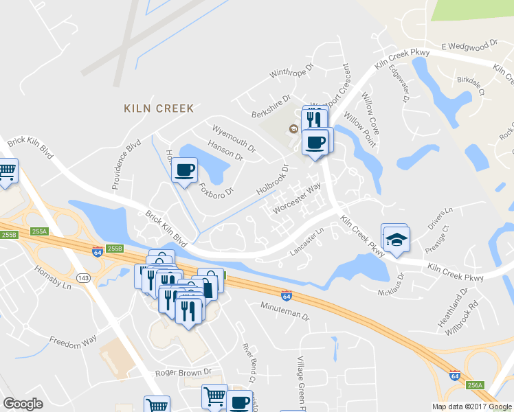 map of restaurants, bars, coffee shops, grocery stores, and more near 2279 Claymill Drive in Newport News