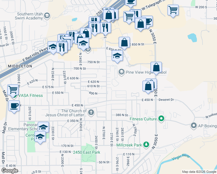 map of restaurants, bars, coffee shops, grocery stores, and more near 618 2720 East Street in St. George