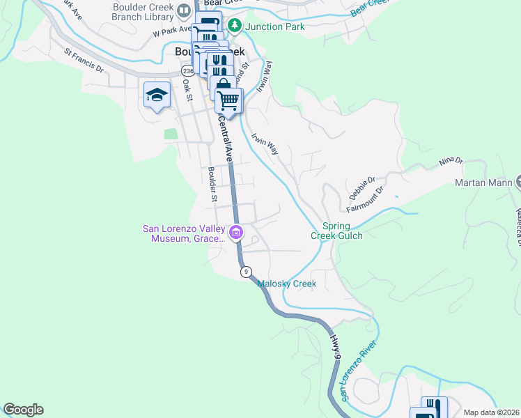 map of restaurants, bars, coffee shops, grocery stores, and more near 12670 East Street in Boulder Creek