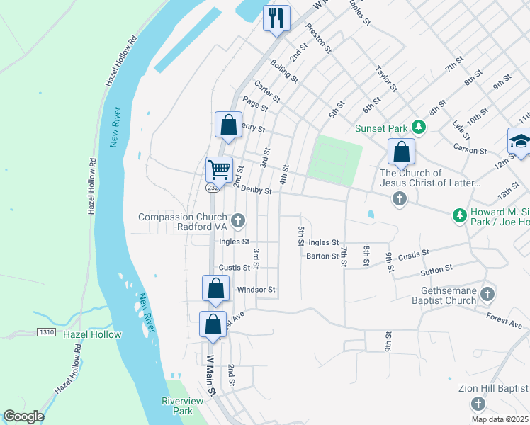 map of restaurants, bars, coffee shops, grocery stores, and more near 1716 3rd Street in Radford