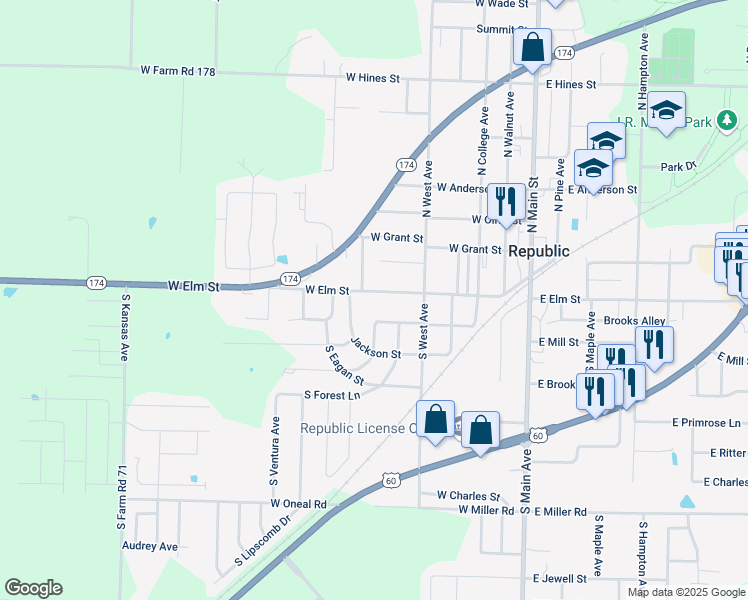 map of restaurants, bars, coffee shops, grocery stores, and more near 455 West Elm Street in Republic