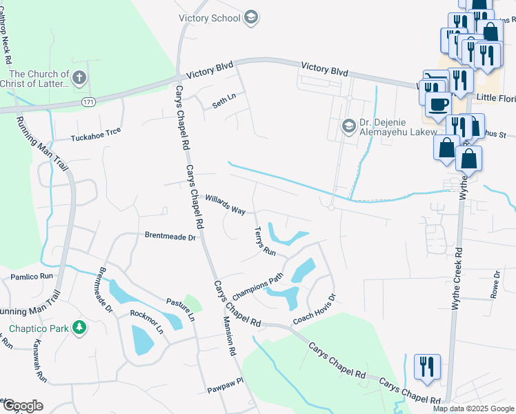 map of restaurants, bars, coffee shops, grocery stores, and more near 301 Willards Way in Yorktown