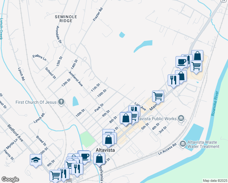 map of restaurants, bars, coffee shops, grocery stores, and more near 1028 Park Street in Altavista