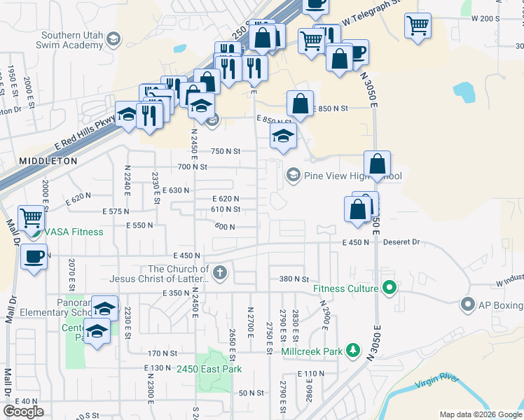 map of restaurants, bars, coffee shops, grocery stores, and more near 618 2720 East Street in St. George