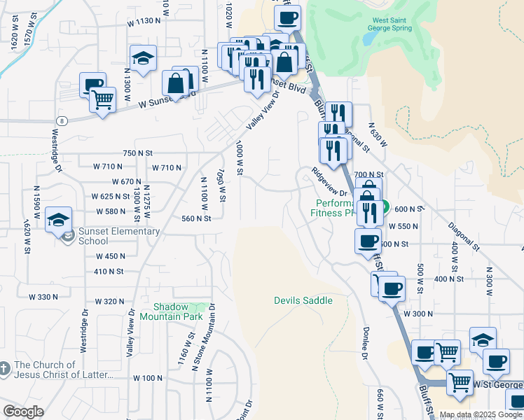 map of restaurants, bars, coffee shops, grocery stores, and more near 588 North 950 West in St. George