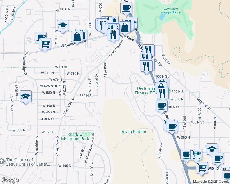 map of restaurants, bars, coffee shops, grocery stores, and more near 588 North 950 West in St. George
