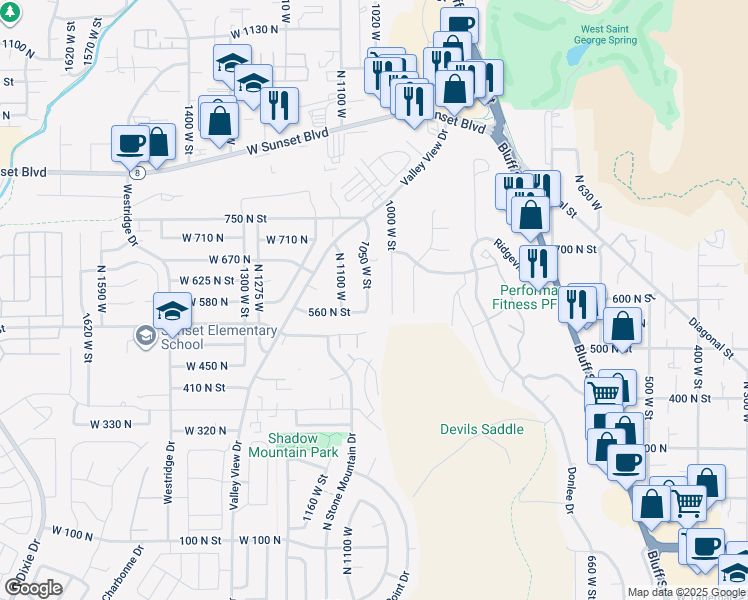map of restaurants, bars, coffee shops, grocery stores, and more near 592 North 1050 West in St. George